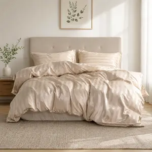 Champagne White Satin Duvet Cover Set, 3-Piece Silky Soft Luxury Bedding Set