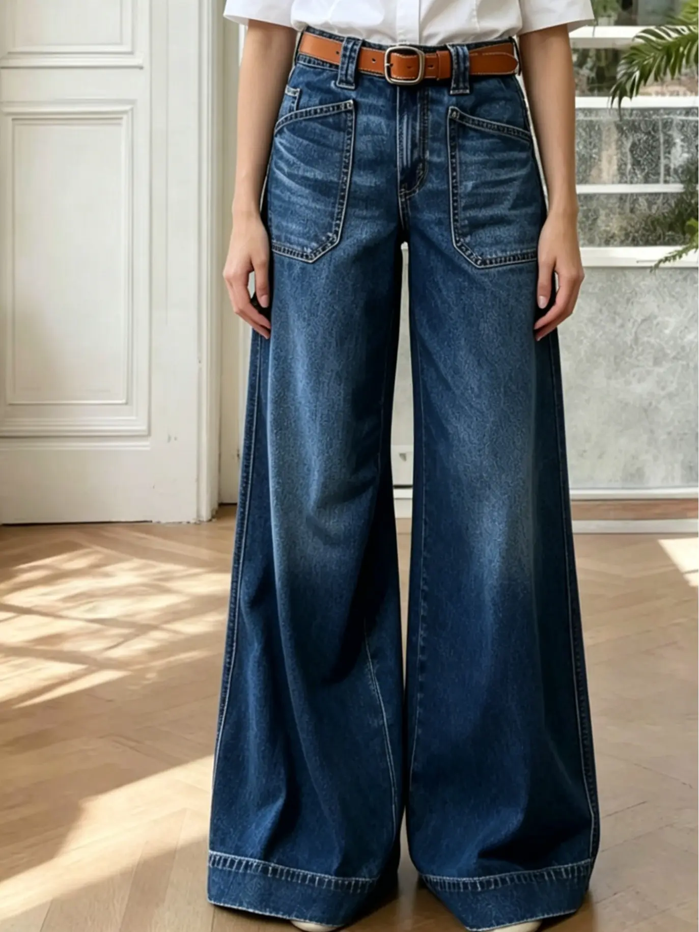 Women's High-Rise Wide-Leg Baggy Stretchy Boyfriend Denim Pants with Pockets - Trendy Casual Comfort Lounge Womenswear Bottoms, Bottom