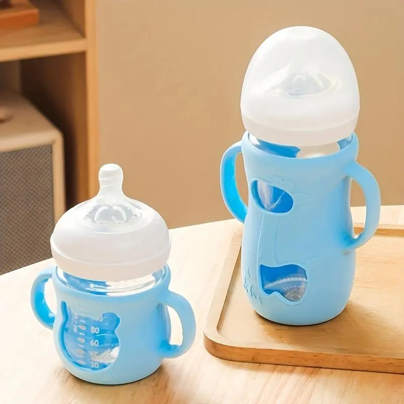 Baby Bottle Protector Sleeve, 1 Count/2 Counts Wide-neck Milk Bottle Protector, Large Elastic Silicone Handle Cartoon Bottle Protector, Daily Use Bottle Accessories, Feeding Tool Design