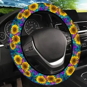 Vibrant Sunflower Steering Wheel Cover, Yellow Blooms on Purple Teal Sparkle Background - Fit Car Interior Accessory, Durable Material, No Inner Ring, For All Seasons Automotive Accessories, Best Festive Gift Item For Family.11.27QWA-144