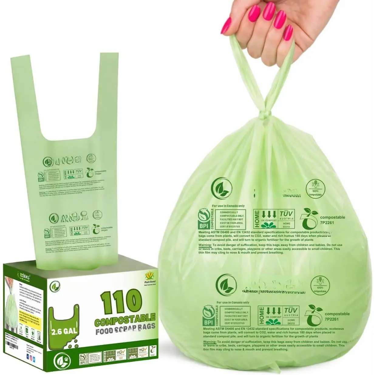 2.6 Gallon  Compostable Bags Handle Tie (110 Bags) 9.84L Small Compost Trash Bags  Scrap Garbage Bags  BPI Certified TUV OK Compost  Certified Meeting ASTM D6400 (110 ct.)