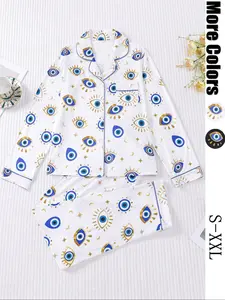 Women's Pajama Set, Long Sleeve Button Front Shirt & Elastic Pants, Comfortable Sleepwear & Loungewear for All Seasons, Casual Home Wear