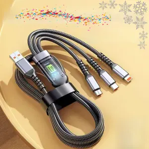 6FT Transparent Luminous Super Fast Charging 3-in-1 Data Cable,6FT Nylon Braided, 100w LED Multi Charging Cable for All Cell Phone Models, Universal 3 in 1 USB Charger Cord