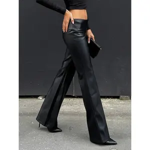 Retro punk-style faux leather women’s bell-bottom pants, slim-fit pants, casual drawstring belt, all-season fashion GARMENTARY