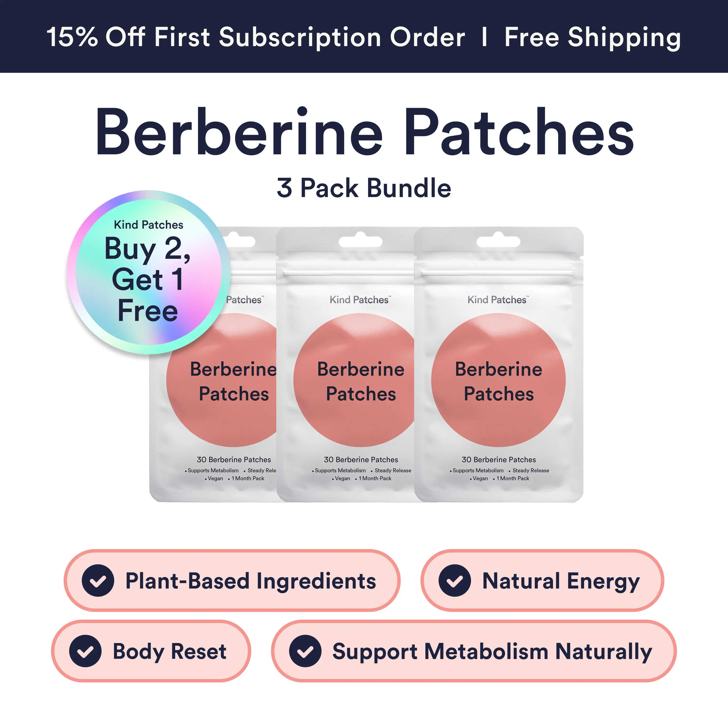 3 Packs of Kind Patches Berberine Patches, Support Metabolism, Steady Release, Support Metabolism, Plant-based Ingredients, Absorbs through the Skin,Vegan, 3 Months Supply