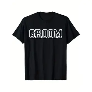 Men's Groom T-Shirt for Wedding & Bachelor Party - 100% Cotton Slightly Elastic Short Sleeve Tee with Bold 'GROOM' Letter Print, Black/White, Sizes S-XXXL, Summer Casual Wear, Classic Round Neck, Regular Fit Shirt, Comfortable Cotton, Machine Washable Top