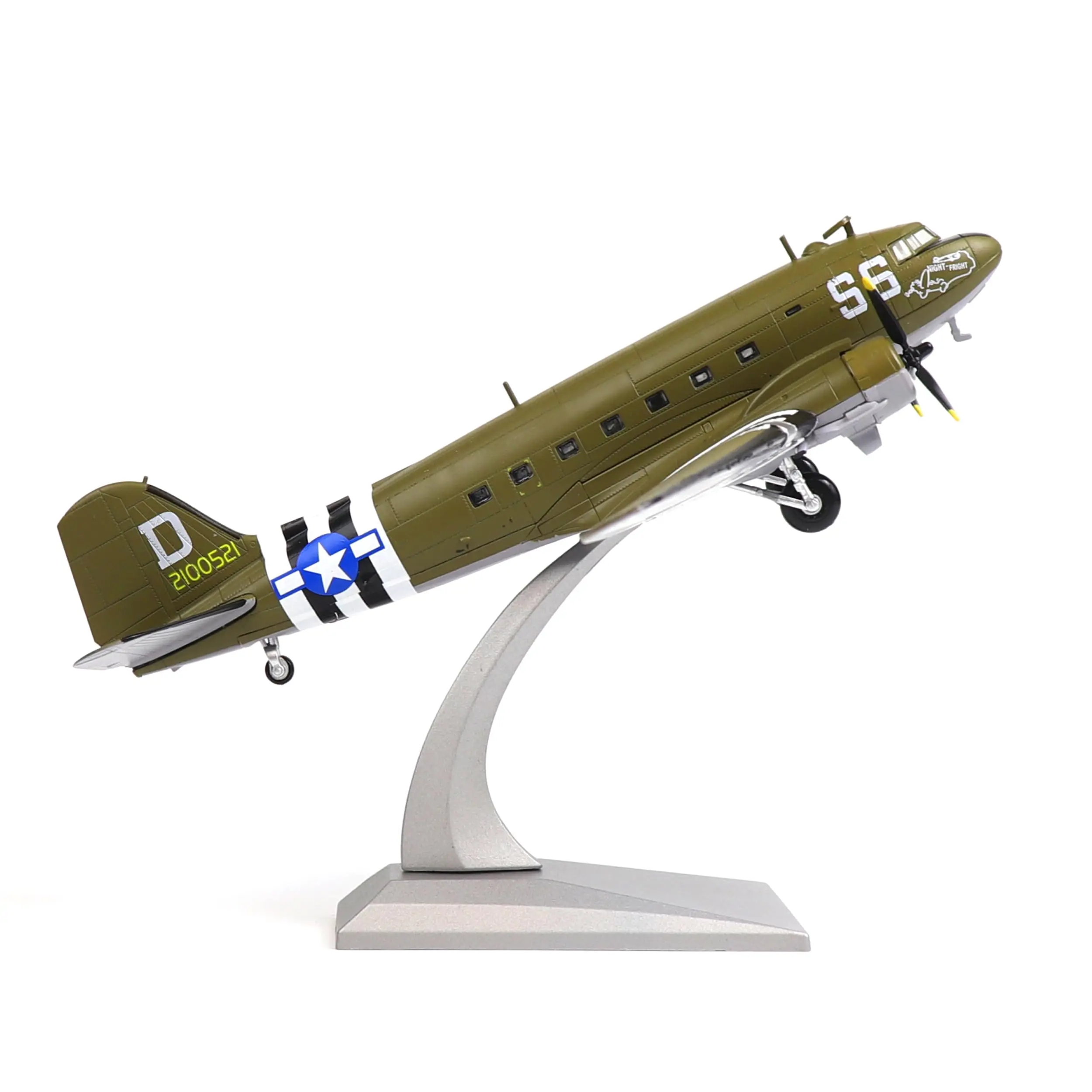 Douglas C-47 Skytrain 1/100 Metal Diecast Military Plane Model Kit - WWII Theme US 'Night Fright' Transport, 11.42×7.68×2.36 in, Fade-Resistant Paint, Sturdy Model, Superior Durability, 12-Month Warranty, Ages 12+, Aviation Enthusiasts Collectible Gift