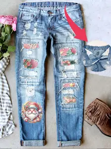 Christmas Special Santa Fashion Print Jeans, Distressed Ripped Cat Whisker Craftsmanship, Elastic Breathable Fabric, Long Denim Jeans