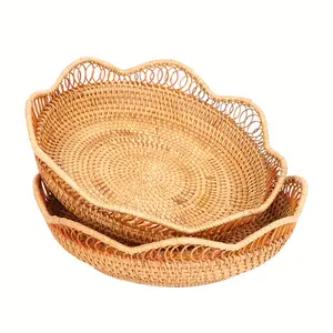 Rattan Fruit Basket Round Bread Storage Container Rustic Serving Tray, Vintage Style Multi-Purpose Wicker Basket, Suitable for Fruits, Bread or Snacks, Shelf Basket