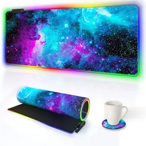 RGB Gaming  Pad Extended, Large Led Mousepads Non-Slip Rubber Base with 14 Lighting Modes,  Keyboard Mat Soft Desk pad  35.4 x 15.8 inches, Galaxy Nebula Universe