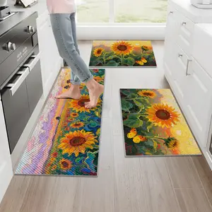 1/2/3PCS Rustic Sunflower Butterfly Kitchen Rug Set,Farmhouse Vintage Wooden Grain Floor Mats,Non Slip Washable Foldable Durable Pineapple Texture Design Mats for Kitchen,16"X24"/20"X32"/20"X47"