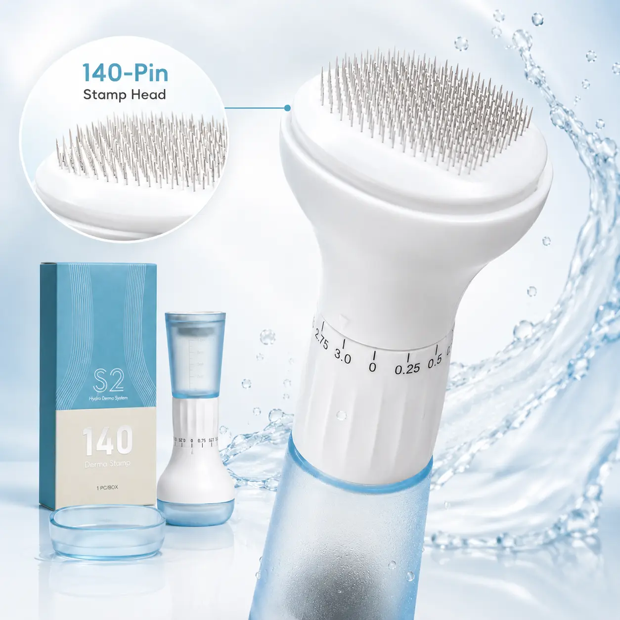 Adjustable 140-Pin Hydra Derma Stamp - Dermaroller Alternative, Manual Microneedle Serum Applicator with 10 mL Reservoir, All Skin Types Exfoliation Tool for Face/Scalp At-Home Skincare