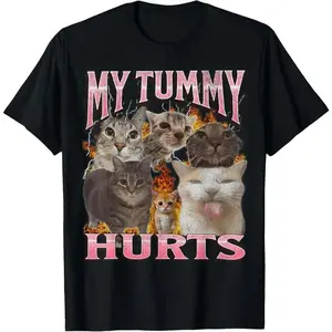 [Graphic T-Shirt]100% Cotton Funny Cat Meme Graphic T-Shirt – "My Tummy Hurts" Viral Humor Tee, Cute Kitty Bootleg Style Shirt, Unisex Casual Short Sleeve Crewneck, Soft Breathable Streetwear Top, Trendy Gift for Men & Women Everyday Wear