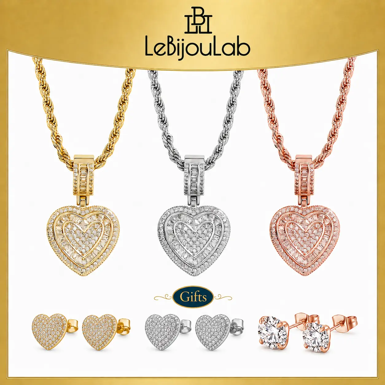 [LeBijouLab] 2026 Viral Sparkling Heart Necklace for Women | Iced Heart Pendant Necklace for Men | 3mm Rope Chain (20"/24") + Comlimentary Matching Earrings | Golden/Silver/Rose Gold/Black | Summer Vibe Necklaces | Gifts Idea