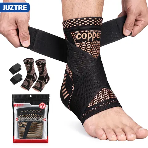 Juztre Antique Copper Strap Ankle & Foot Compression Sleeves - 2-Piece, High-Elasticity, Adjustable Strap, Absorbent, 4 Sizes, 3D Weaving, Support, Disperses Pressure, Light Compression Protective Gear - Suitable for Basketball, Daily Use