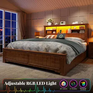 Bed Frame  LED Lights And Charging Station Platform Bed  Bookcase Headboard & 4 Drawers No Noise,Rustic Brown Queen Size Floor with Guardrail