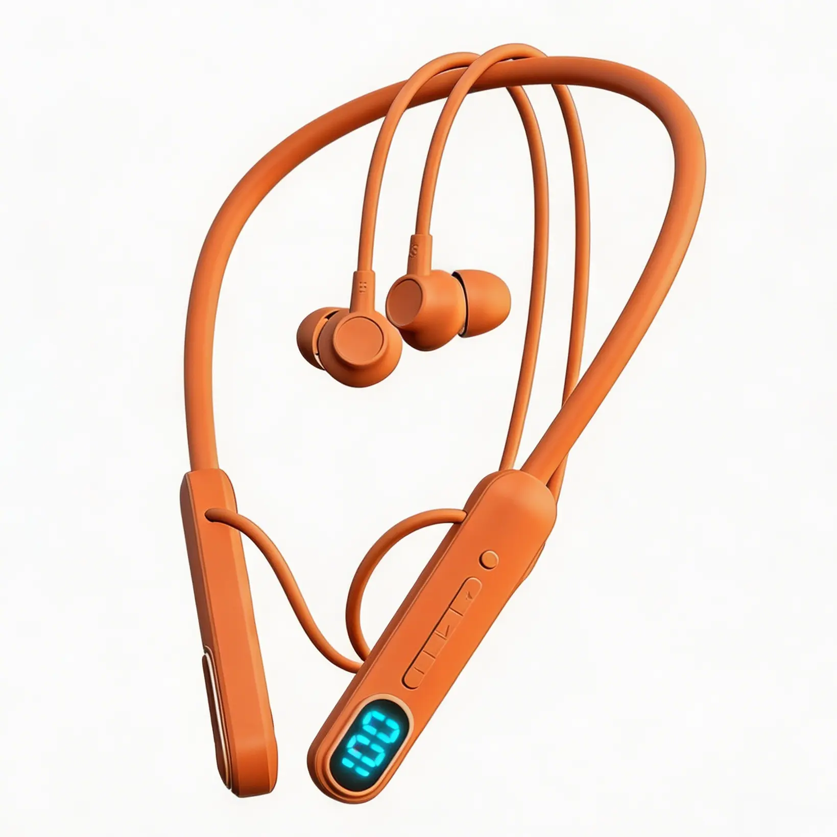 Orange Wireless Neckband Bluetooth Earbuds with LED Display, Glove-Friendly Controls, Magnetic Design, 48H Battery, IPX5 Sweatproof Mic for Industrial Warehouse Work & Gym