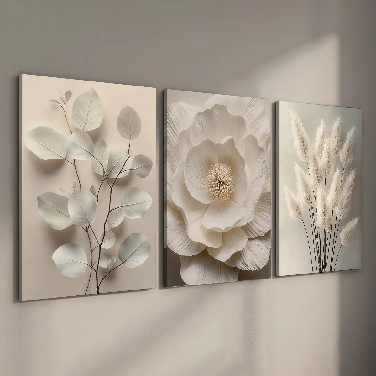 [Ready to Hang] 3pcs Set 2D Flat 3D-Visual Floral Stretched Canvas, Neutral Botanical Flower Framed Wall Art, Gallery Wrapped Boho Blossom Decor with Illusion Texture, Modern Aesthetic Home Gift (Sturdy Wooden Frame)