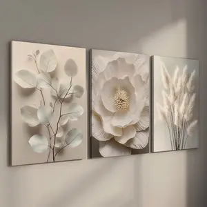 [Ready to Hang] 3pcs Set 2D Flat 3D-Visual Floral Stretched Canvas, Neutral Botanical Flower Framed Wall Art, Gallery Wrapped Boho Blossom Decor with Illusion Texture, Modern Aesthetic Home Gift (Sturdy Wooden Frame)