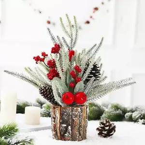 Small Christmas Tree Pe Decoration, Artificial Pine Cone Home Decor, Realistic Wood Bucket Design, Perfect Holiday Ornament