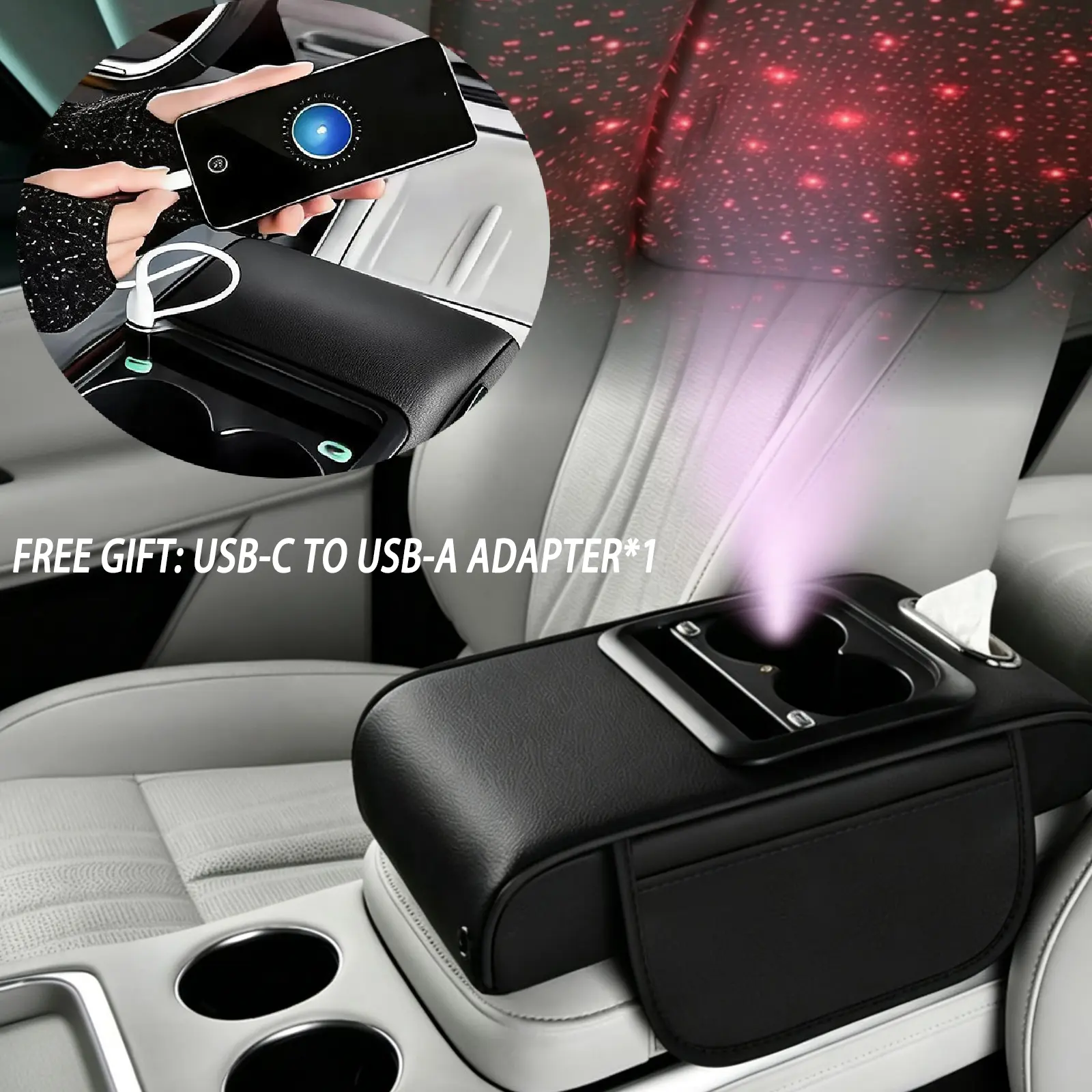 Arm Rest Cover for Car 7-in-1 Memory Foam Console, Cup Holder & Tissue Box Combo, LED Projector, Waterproof Car Interior Accessories, Car Stuff storage bag