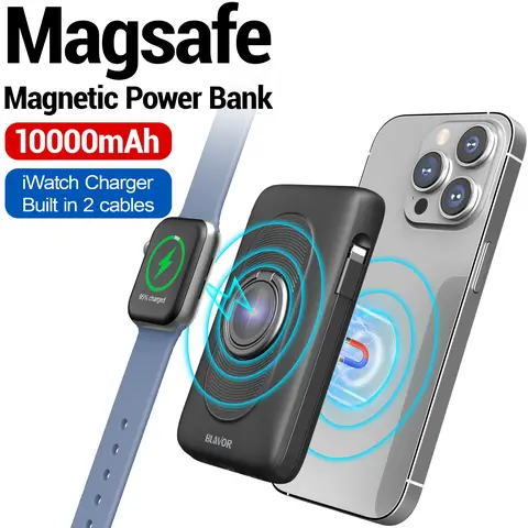 BLAVOR MagSafe High-Power Magnetic Power Bank 10000mAh with Anti-Slip Leather, Built-in Cables & iWatch Charger, Fast Charging Mobile Accessories for iPhone 15/14/13/12 Pro Max, Portable Charging Solution