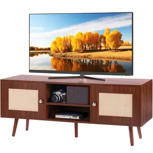 VEVOR Rattan TV Stand,  Boho TV Cabinet for 55 inch TV, Mid Century Modern TV Stand, Rattan TV Console with Adjustable Shelfs for  Living Room, Media Room, Walnut