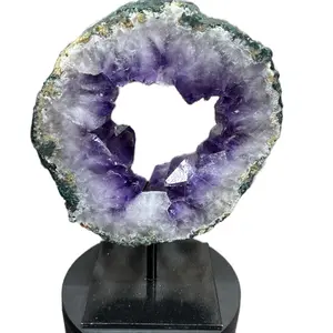 Brazilian Amethyst Geode Figurines, Amethyst Portal on a Fixed Metal Stand