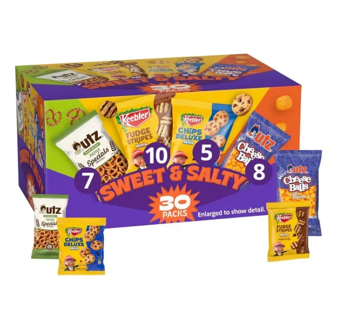 Keebler Sweet & Salty Variety Pack, 30-Count Box, Includes Keebler Chips Deluxe, Fudge Stripes, Utz mini Pretzels and Cheese Balls, 31 oz