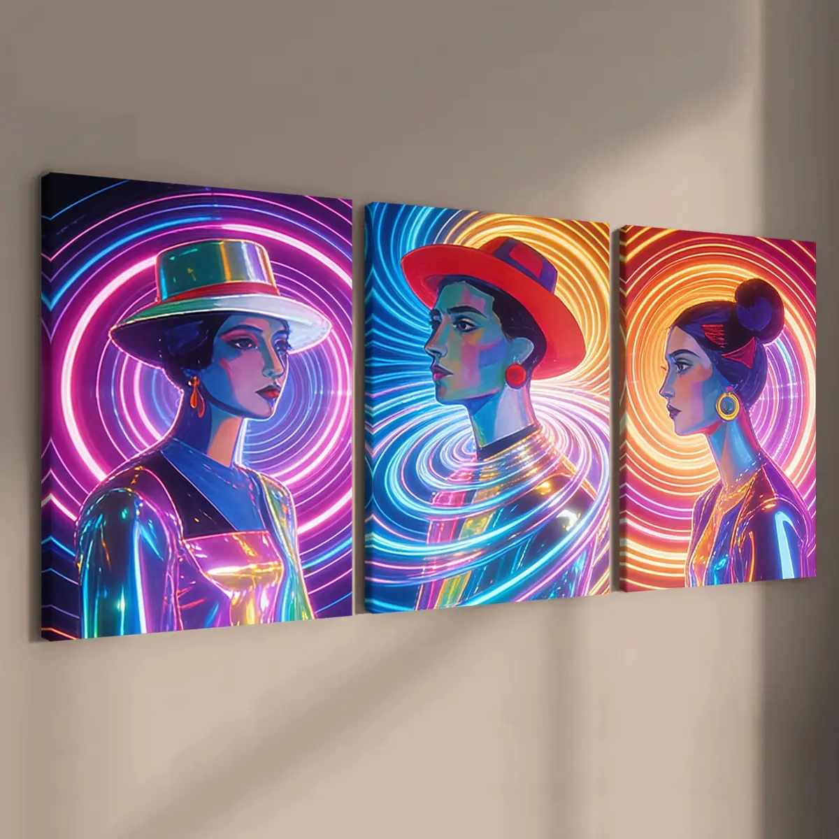 3 Count Wooden Frame Canvas, Cyber Neon Portrait Triptych Wall Art, Stylish Game Room and Living Room Decor, Waterproof Modern Art