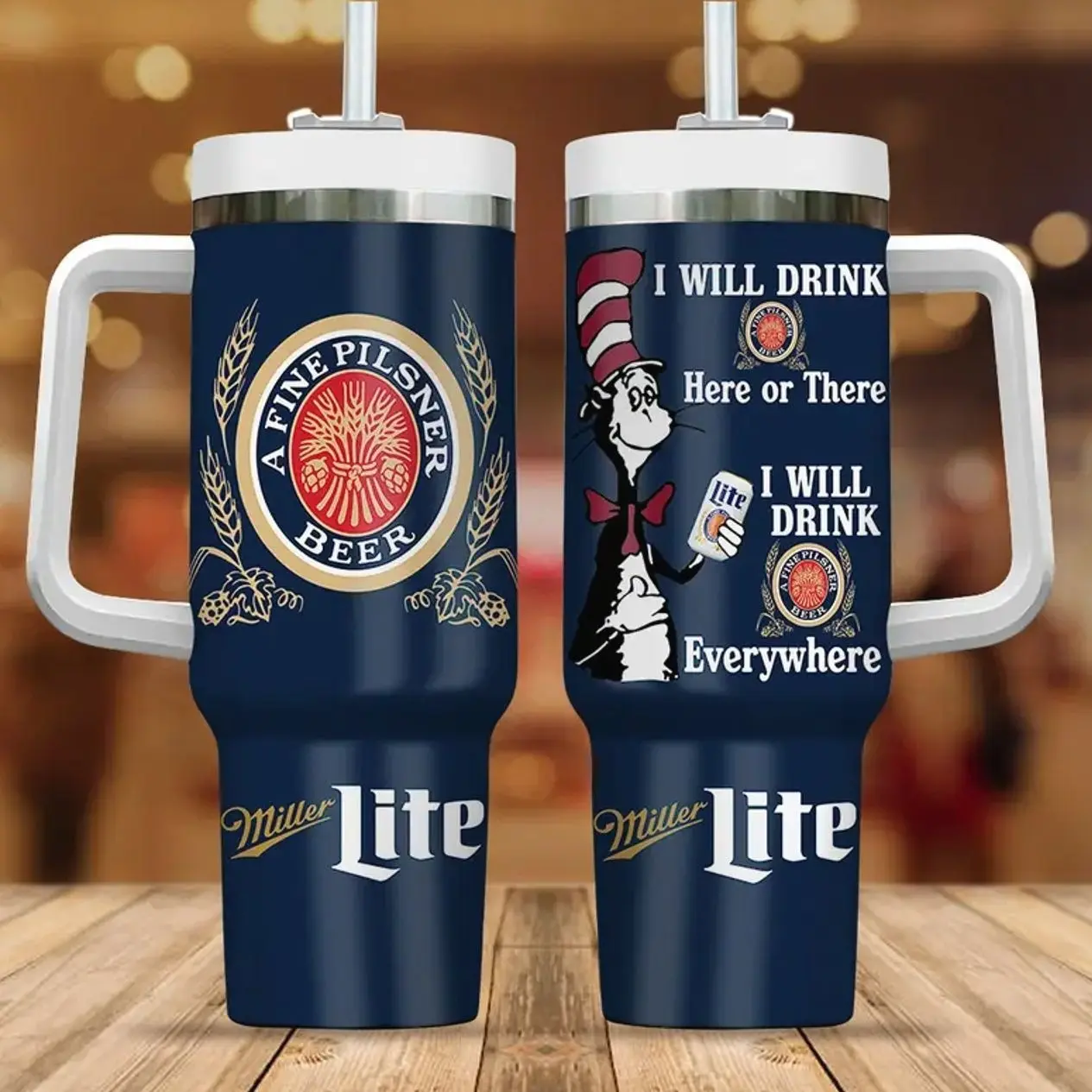 Funny Cartoon Cat Pilsner Miller High Life Beer Tumbler with Handle 40oz | Retro Navy Blue Insulated Mug Drink Everywhere Travel Cup Novelty Beer Lover Gift