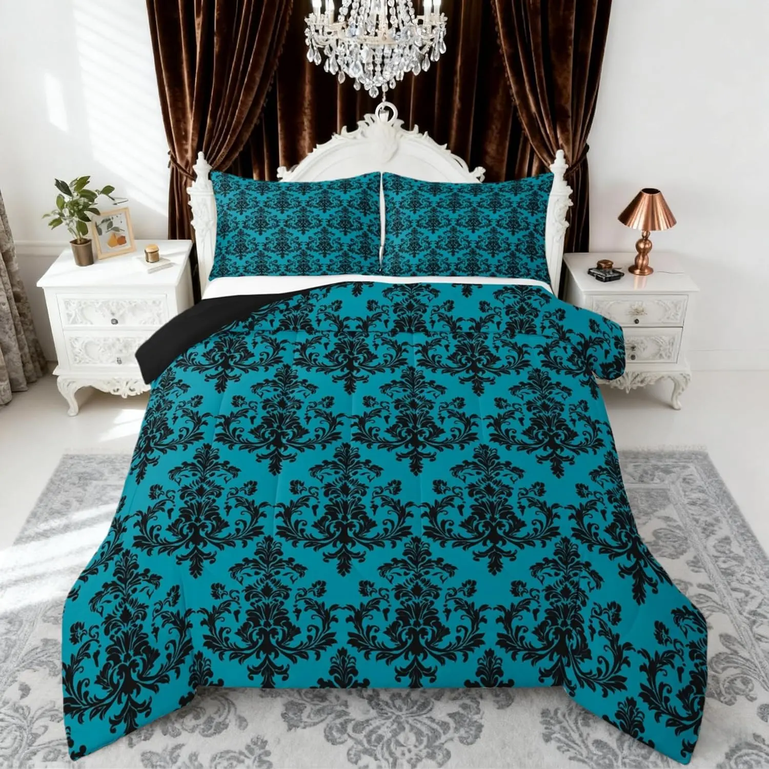 Turquoise Black Damask Comforter Set,Vintage Gothic Lace Floral Print Reversible Bedding Set Bedroom,Antique Victorian Baroque Boho Quilted Duvet
