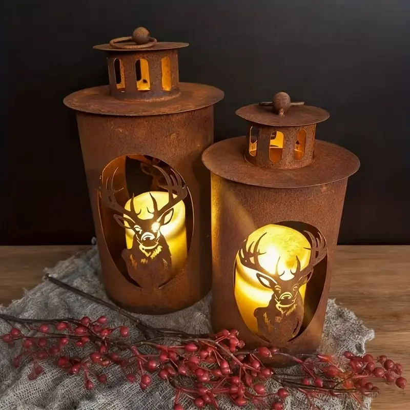 1pc Hanging Metal Deer Hollowed-Out Design Candle Stand, Cylindrical Outdoor Garden Patio Decoration, Halloween Thanksgiving Christmas Party Accessory, Farmhouse Porch Wedding Decor, Metal Small Candle Candle Stand(uncharged)