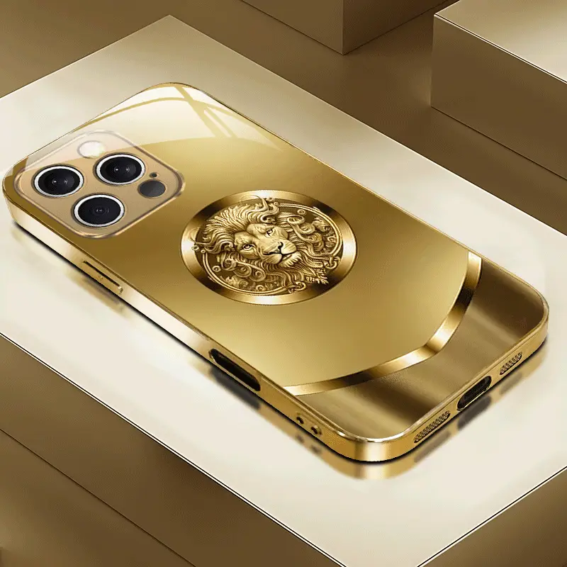 Electroplated Gold Glass Phone Case with Golden Lion Emblem Pattern, Light Luxury High-End Casing, Premium Mobile Phone Accessories for iPhone 11/12/13/14/15/16/16ProMax/17/17Air/17ProMax/XSMax/SE4 - Protective Cover