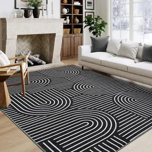【Christmas Gift】Modern Rainbow Striped Area Rug 8x10 Washable Living Room Rugs Stain Resistant Non-Slip Backing Ultra-Thin Non Shedding,for Bedroom Playroom,Black
