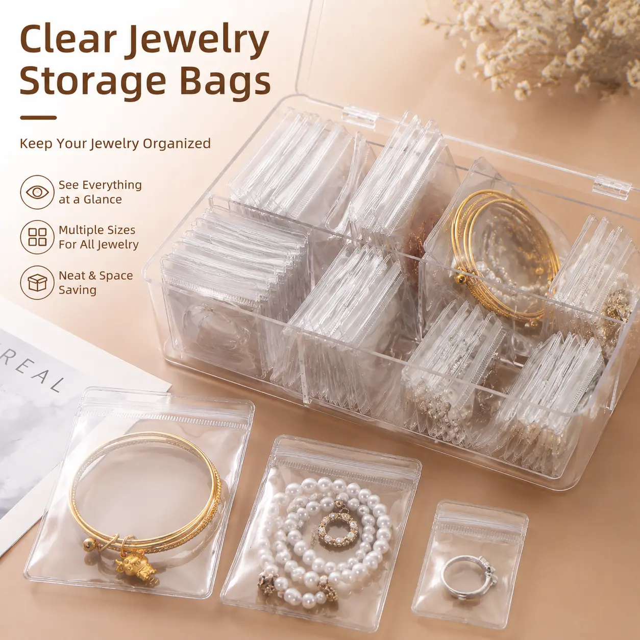 30PCS Clear Jewelry Organizer Bags, 3 Sizes Zipper Storage Pouches for Rings, Earrings, Necklaces & Bracelets, Reusable Transparent Jewelry Storage Bags for Travel and Home Organization