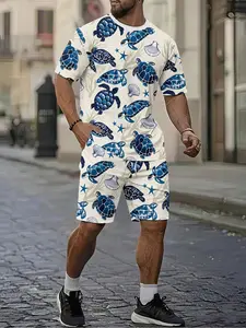 Men's 3D Digital Printed Two-Piece Set with Full Tropical Ocean Turtle Print, 2Pcs, Trendy and Fashionable Set, Trendy Retro Casual Two-Piece Set, Vacation Style Trendy Outfit, Breathable Sporty Casual Style, a Perfect Holiday Gift for Men, Top