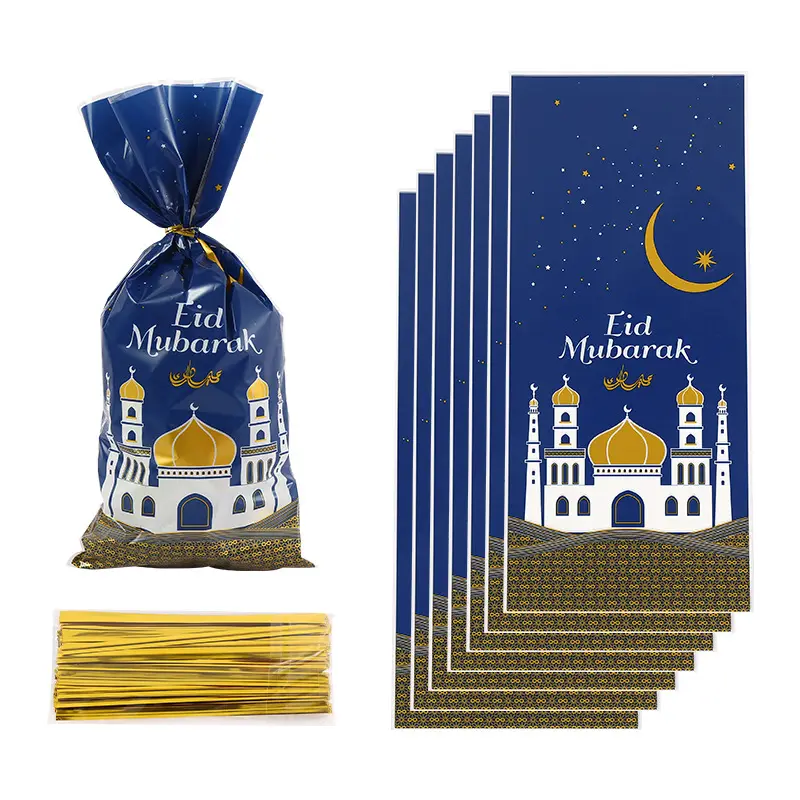 50pcs 2024 Eid Mubarak Gift Bags Plastic Candy Cookie Bag Ramadan Kareem Decor Islamic Muslim Party Supplies Eid Gifts Bags