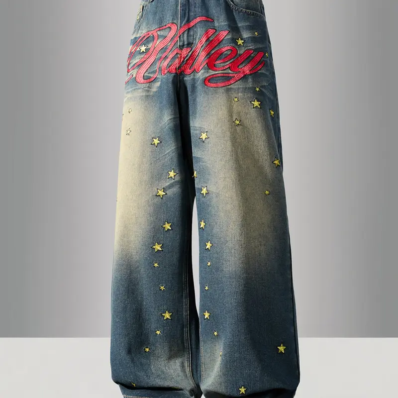 Men's American Vintage Washed Embroidered Denim Jeans, Loose Straight Leg Pants, Trendy Streetwear Embroidery Craft, Casual Versatile Gift Recommendation, Vintage Inspired Jeans