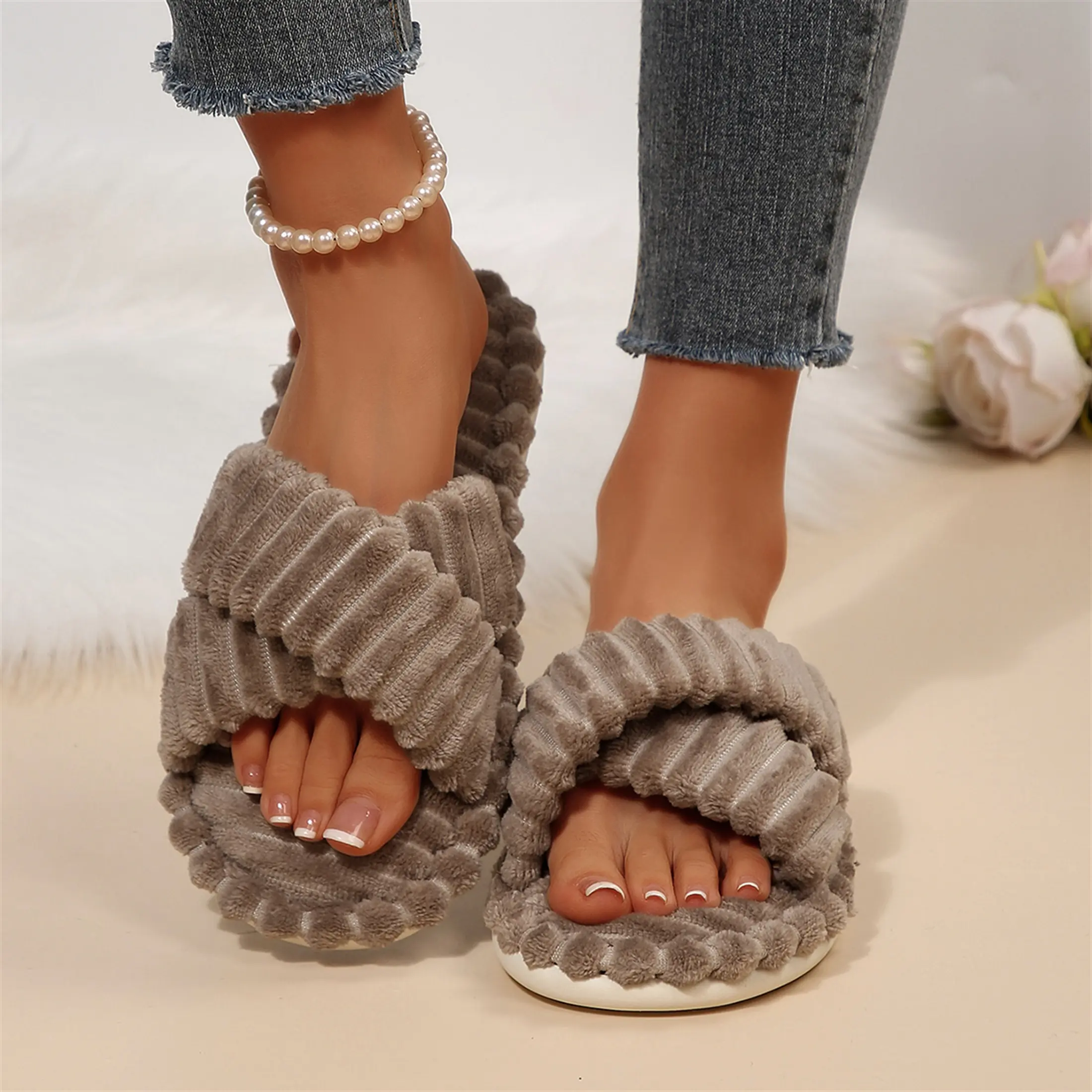 Women's Cozy Fluffy Cross Strap Slippers Corduroy Texture Thick Sole Open Toe Slide Indoor Outdoor Shoes