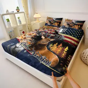 3 PCS Forest Reindeer-Themed Fitted Sheet Set: American Flag & Hunting Reindeer Fusion Design, Fashionable & Trendy Bedding Set, Modern Bedding Set, Soft Fitted Sheets with Universal Fit for All Bed Types, Bed Sheet Sets. No Filling Included.