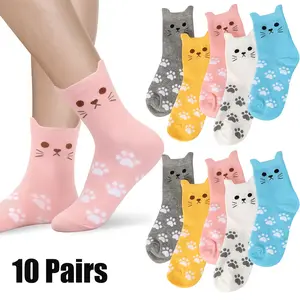 10Pairs of Women's Cartoon Cat Pattern Knitted Round Neck Socks,Thick,Comfortable,Breathable,and Soft Round Neck Socks