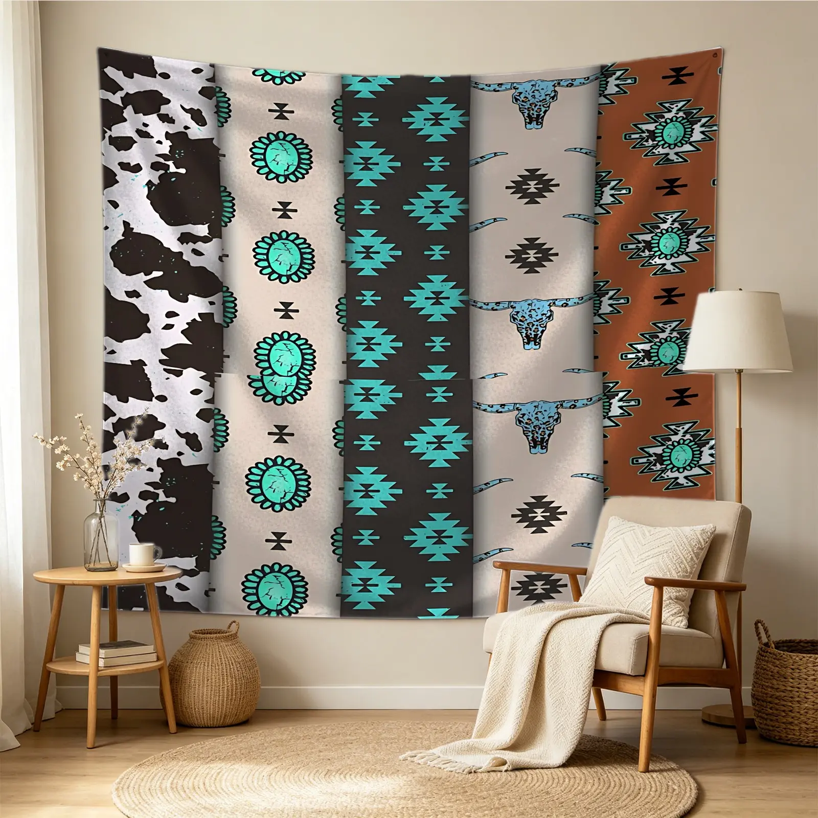 1 Bohemian Southwestern Style Turquoise Geometric Tapestry, Perfect for Western Themed Bedrooms, Cowgirl Dorm Rooms, Farmhouse Living Rooms, and Apartment Decor; Durable and Wrinkle Resistant