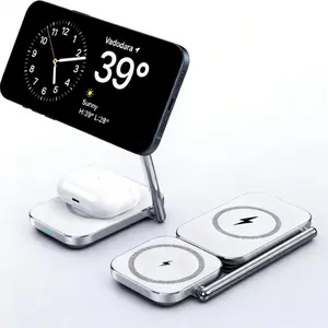2-in-1 Magnetic Wireless Charging Stand, 15W Fast Wireless Charger, Foldable Zinc Alloy Charging Station for Smartphones & Earbuds, Portable Travel Charging Dock