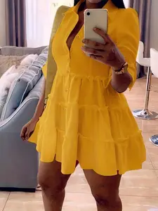 Women's Plain Button Front Frill Trim Roll Up Sleeve Shirt Dress, Elegant Fashion Casual Short Dress for Daily Outdoor Wear, Summer Dress, Women Dress for Spring & Fall, Womenswear