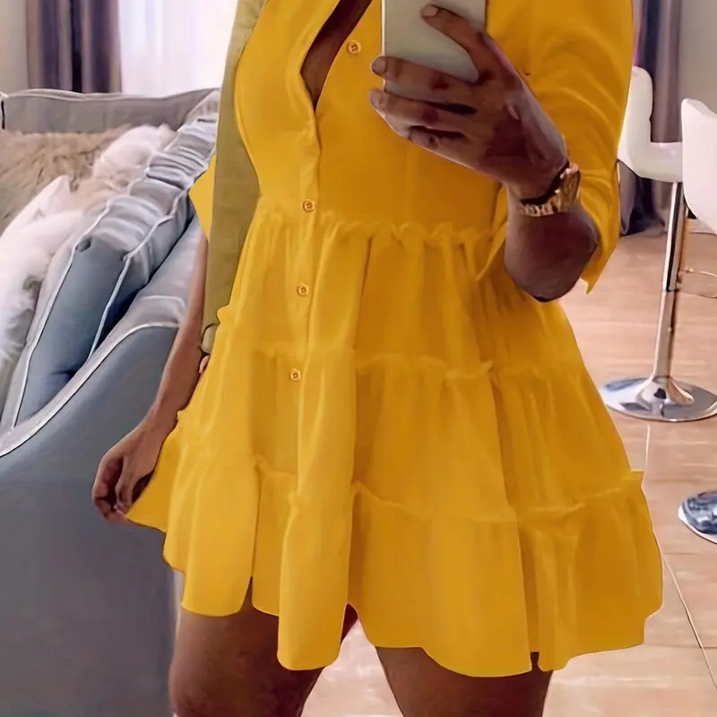 Women's Plain Collared Button-Front Shirt Dress with Frill Trim & Roll-Up Sleeves, Elegant Fashion Fitted Short Dress for Daily Outdoor Wear, Casual Summer Dress, Buttoned Dress, Chic Womenswear