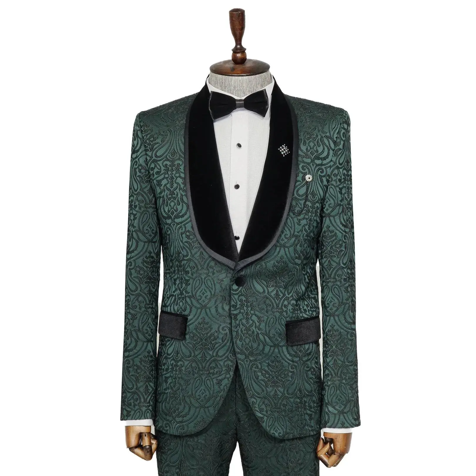 2 Piece Patterned Velvet Emerald Green Men's Tuxedo
