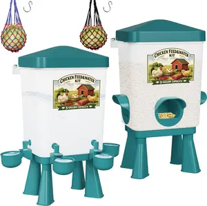 Chicken Feeder and Waterer Set, 3 Gallon/16 LB Automatic Poultry Feeding System with Hanging Option, No Waste Feeder Ports & Water Cups, BPA-Free, Ideal for Hens Ducks and Poultry