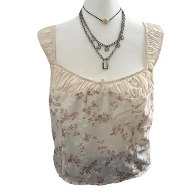 Princess Polly Women's Cream and Pink Silk Cropped Camisole Blouse