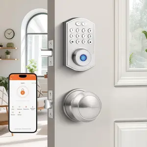 Keyless Entry Door Lock with Knob Set, Fingerprint Digital Door Lock for Front Door, Door Knob with  Keypad Deadbolt Lock, Auto Lock, App, Satin Nickel